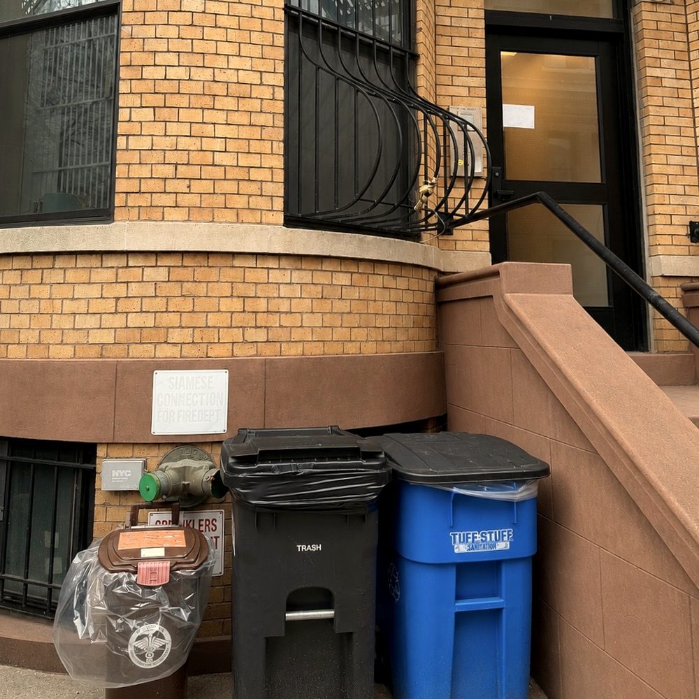 Trash and recycling bins staged neatly at a Brooklyn brownstone