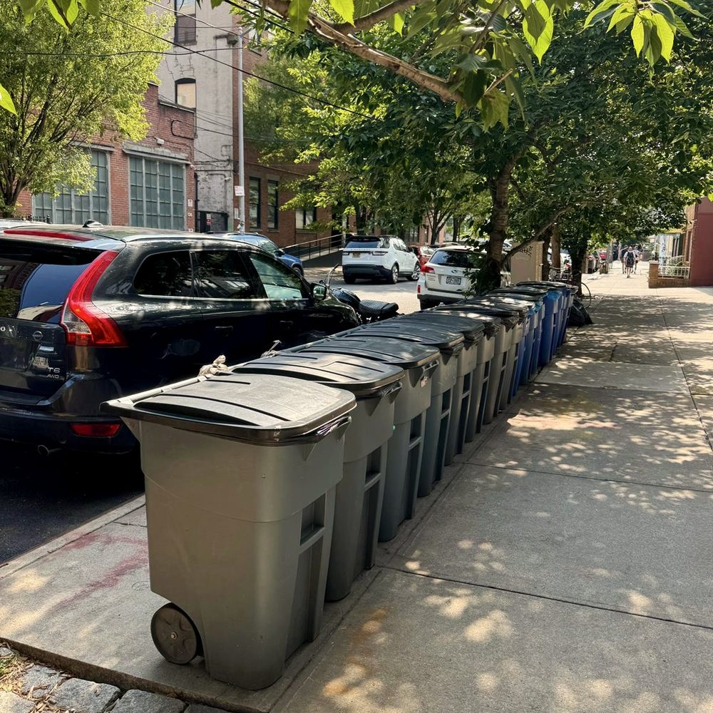 Trash and recycling bins set out curbside for collection, Brooklyn